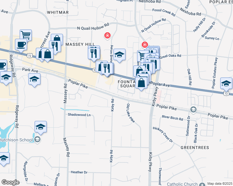 map of restaurants, bars, coffee shops, grocery stores, and more near 6510 North Oak Shadows Circle in Memphis