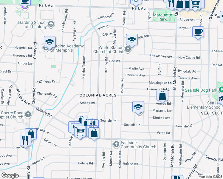 map of restaurants, bars, coffee shops, grocery stores, and more near 1270 Dearing Road in Memphis
