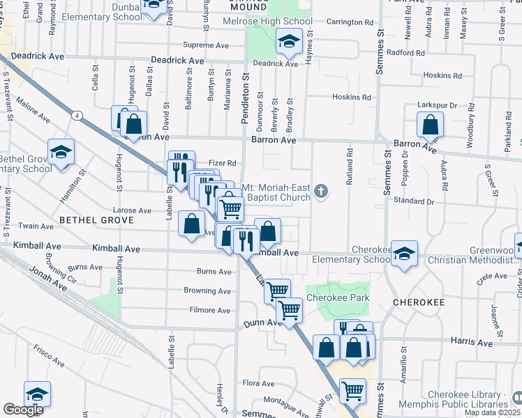 map of restaurants, bars, coffee shops, grocery stores, and more near 2825 Larose Avenue in Memphis