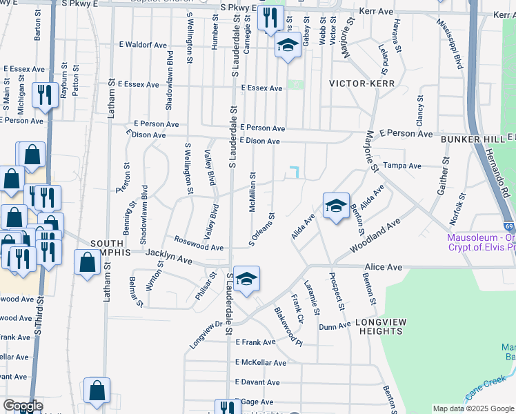 map of restaurants, bars, coffee shops, grocery stores, and more near 1827 South Orleans Street in Memphis