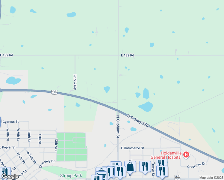 map of restaurants, bars, coffee shops, grocery stores, and more near 3229 North 372 Road in Holdenville