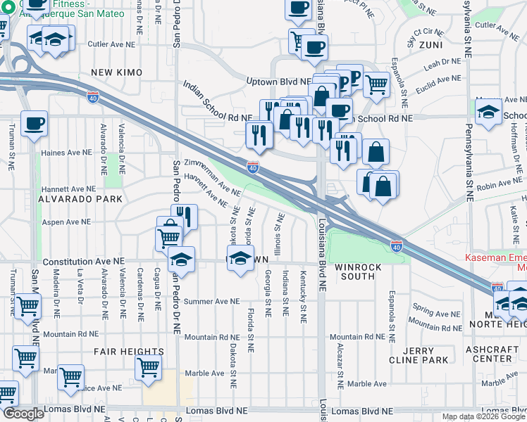 map of restaurants, bars, coffee shops, grocery stores, and more near 1852 Georgia Street Northeast in Albuquerque
