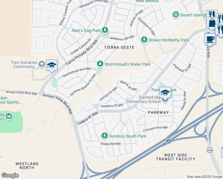 map of restaurants, bars, coffee shops, grocery stores, and more near 1044 Marapi Street Northwest in Albuquerque