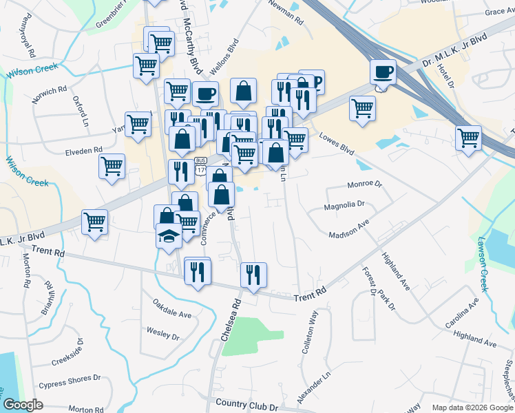 map of restaurants, bars, coffee shops, grocery stores, and more near 1425 Red Robin Lane in New Bern