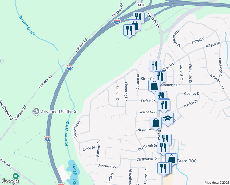 map of restaurants, bars, coffee shops, grocery stores, and more near 283 Lemont Drive in Fayetteville