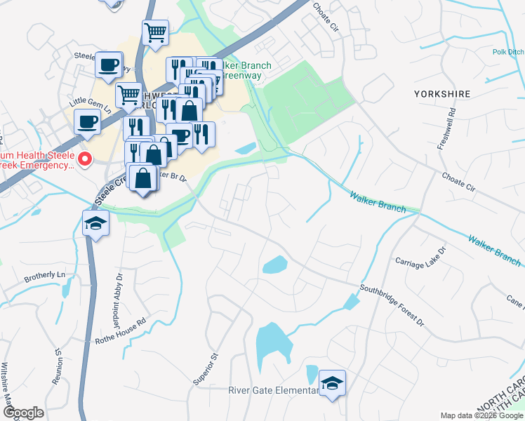map of restaurants, bars, coffee shops, grocery stores, and more near 14504 Rivergate Parkway in Charlotte