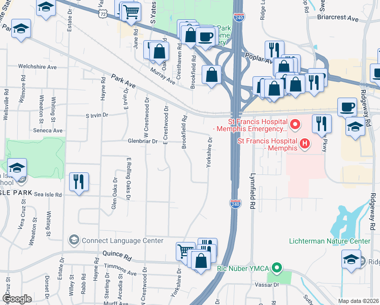 map of restaurants, bars, coffee shops, grocery stores, and more near 1272 Brookfield Road in Memphis