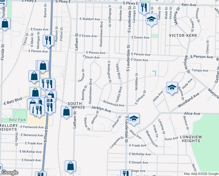 map of restaurants, bars, coffee shops, grocery stores, and more near 1836 South Wellington Street in Memphis