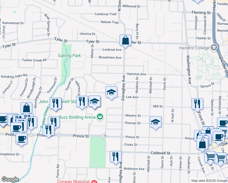 map of restaurants, bars, coffee shops, grocery stores, and more near 2213 Lee Avenue in Conway