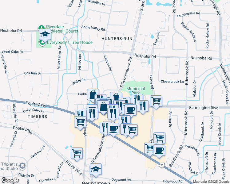map of restaurants, bars, coffee shops, grocery stores, and more near 1899 South Germantown Road in Germantown