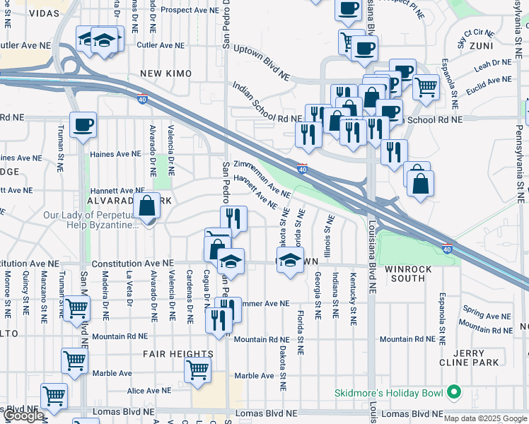 map of restaurants, bars, coffee shops, grocery stores, and more near 6043 Aspen Avenue Northeast in Albuquerque