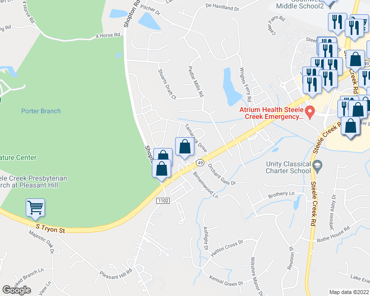 map of restaurants, bars, coffee shops, grocery stores, and more near 13949 Singleleaf Lane in Charlotte