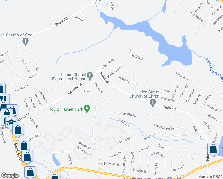 map of restaurants, bars, coffee shops, grocery stores, and more near 208 Helen Street in Fayetteville