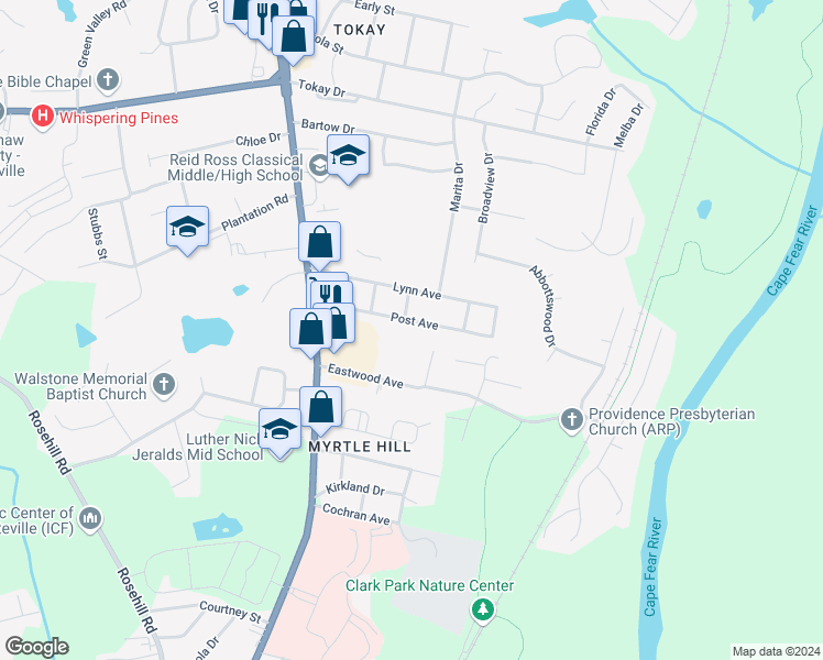 map of restaurants, bars, coffee shops, grocery stores, and more near 308 Post Avenue in Fayetteville