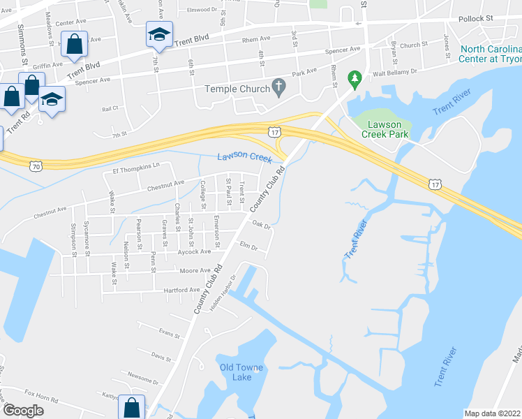map of restaurants, bars, coffee shops, grocery stores, and more near 1809 Country Club Road in New Bern