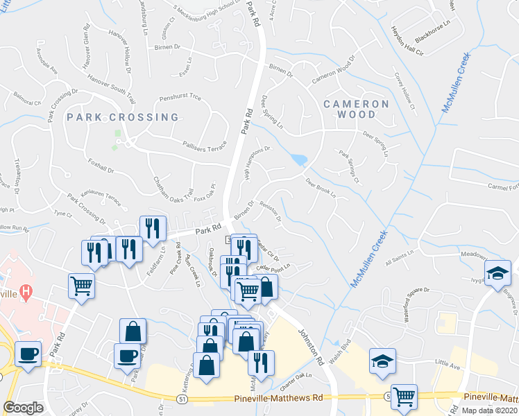 map of restaurants, bars, coffee shops, grocery stores, and more near 9908 Reniston Drive in Charlotte
