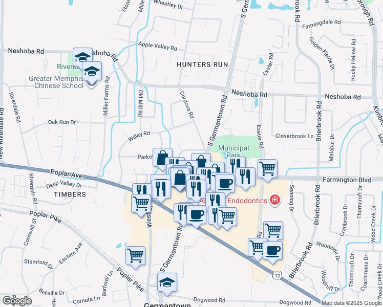 map of restaurants, bars, coffee shops, grocery stores, and more near 7647 Akerswood Drive in Germantown
