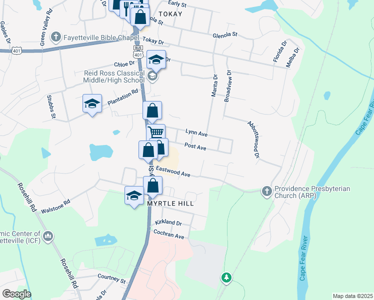 map of restaurants, bars, coffee shops, grocery stores, and more near 210 Post Avenue in Fayetteville