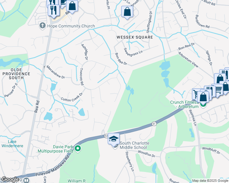 map of restaurants, bars, coffee shops, grocery stores, and more near 5021 Whitwell Court in Charlotte