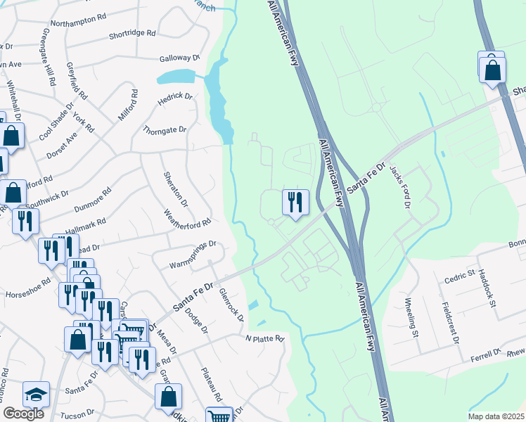 map of restaurants, bars, coffee shops, grocery stores, and more near 3120 Harmony Hall Way in Fayetteville