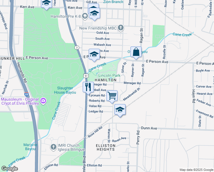 map of restaurants, bars, coffee shops, grocery stores, and more near 1440 Kimball Avenue in Memphis
