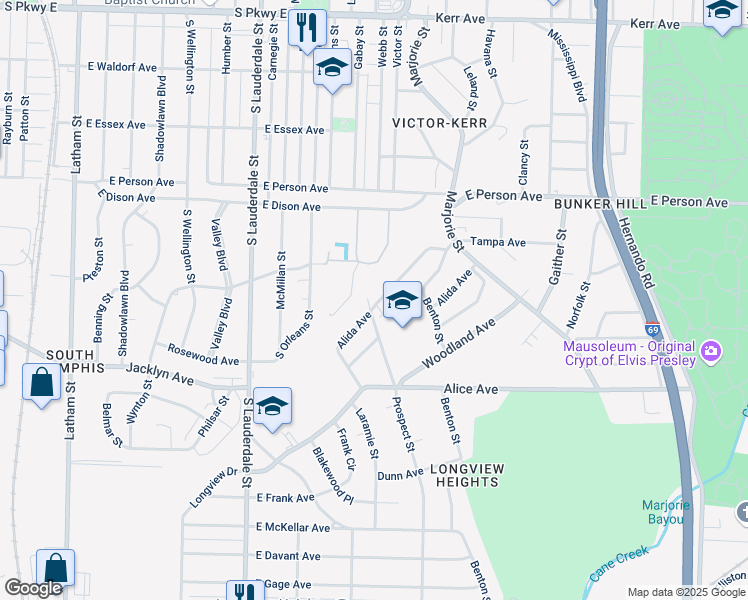 map of restaurants, bars, coffee shops, grocery stores, and more near 716 Tampa Avenue in Memphis