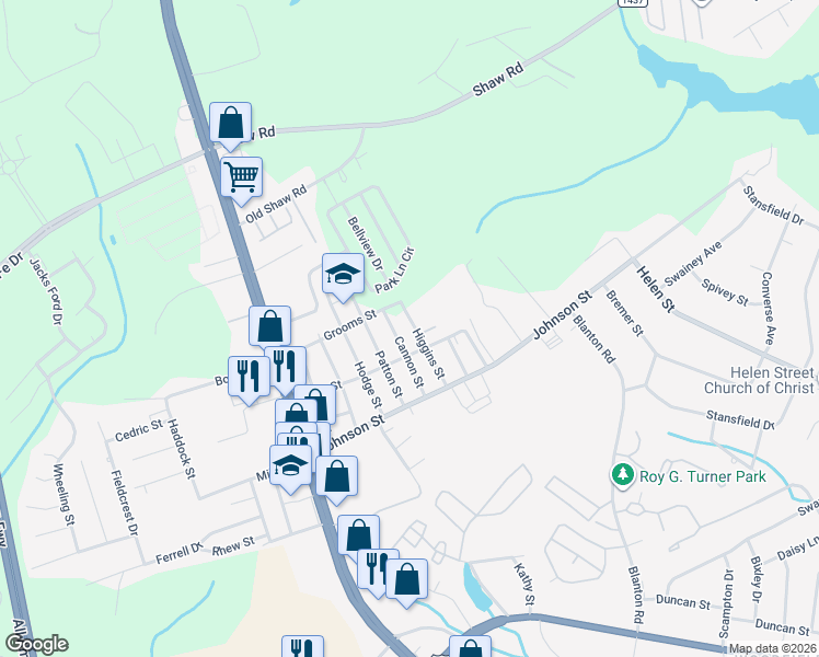map of restaurants, bars, coffee shops, grocery stores, and more near 5109 Higgins Street in Fayetteville