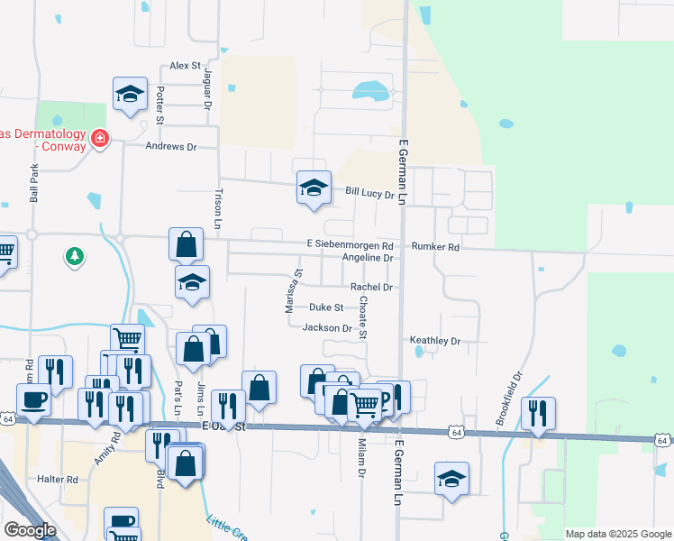 map of restaurants, bars, coffee shops, grocery stores, and more near 1415 Ola Street in Conway