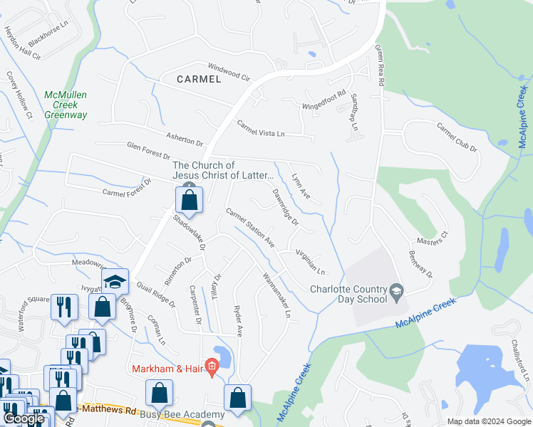 map of restaurants, bars, coffee shops, grocery stores, and more near 5621 Roundhouse Lane in Charlotte
