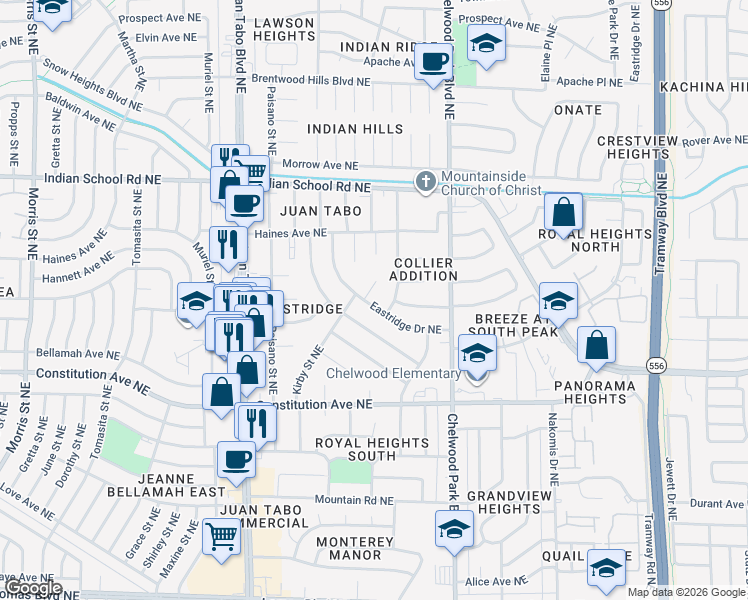 map of restaurants, bars, coffee shops, grocery stores, and more near 1501 Figueroa Drive Northeast in Albuquerque