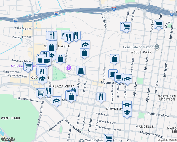 map of restaurants, bars, coffee shops, grocery stores, and more near 1311 Claire Court Northwest in Albuquerque