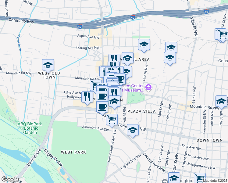 map of restaurants, bars, coffee shops, grocery stores, and more near 404 San Felipe Street Northwest in Albuquerque