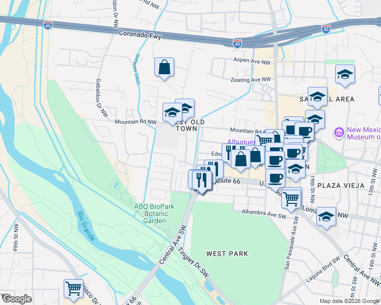 map of restaurants, bars, coffee shops, grocery stores, and more near 2525 Thompson Road Northwest in Albuquerque