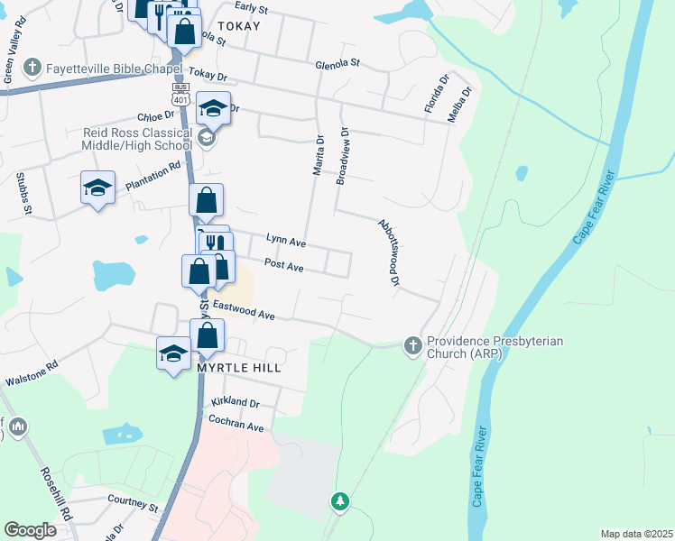 map of restaurants, bars, coffee shops, grocery stores, and more near 400 Post Avenue in Fayetteville