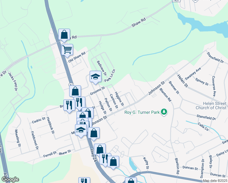 map of restaurants, bars, coffee shops, grocery stores, and more near 5109 Higgins Street in Fayetteville