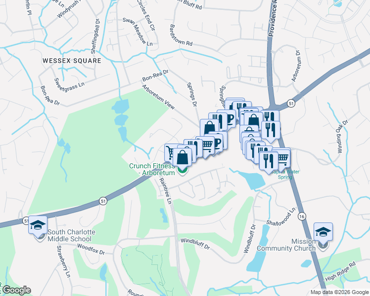 map of restaurants, bars, coffee shops, grocery stores, and more near 7826 Ridgeloch Place in Charlotte