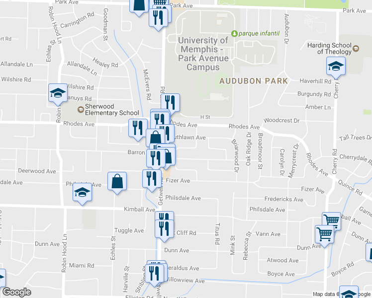 map of restaurants, bars, coffee shops, grocery stores, and more near 1260 Dogwood Drive in Memphis