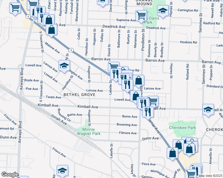 map of restaurants, bars, coffee shops, grocery stores, and more near 2653 Larose Avenue in Memphis