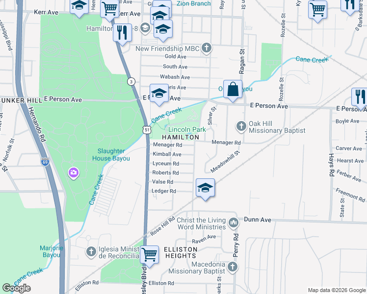 map of restaurants, bars, coffee shops, grocery stores, and more near 1440 Kimball Avenue in Memphis