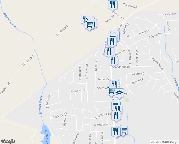 map of restaurants, bars, coffee shops, grocery stores, and more near 286 Channing Drive in Fayetteville