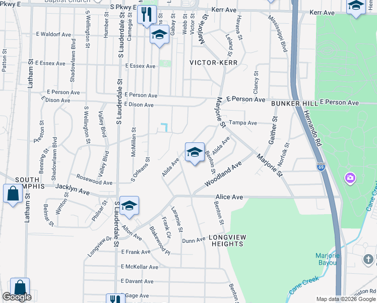 map of restaurants, bars, coffee shops, grocery stores, and more near 729 Tampa Avenue in Memphis