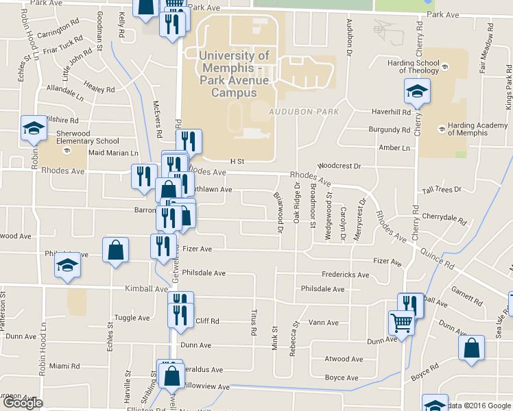 map of restaurants, bars, coffee shops, grocery stores, and more near Wildwood Drive in Memphis