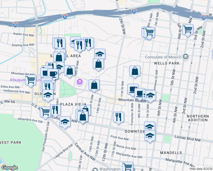 map of restaurants, bars, coffee shops, grocery stores, and more near 1311 Claire Court Northwest in Albuquerque