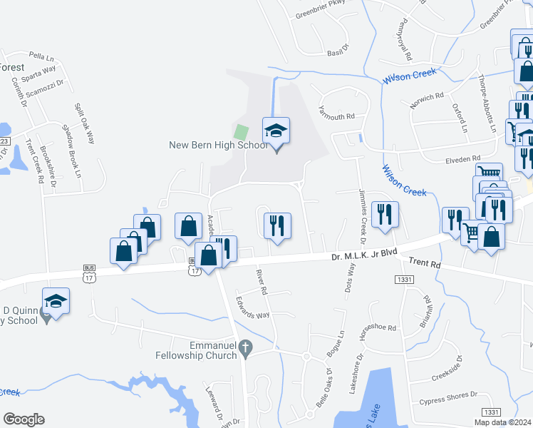 map of restaurants, bars, coffee shops, grocery stores, and more near 4027 Arbor Green Way in New Bern
