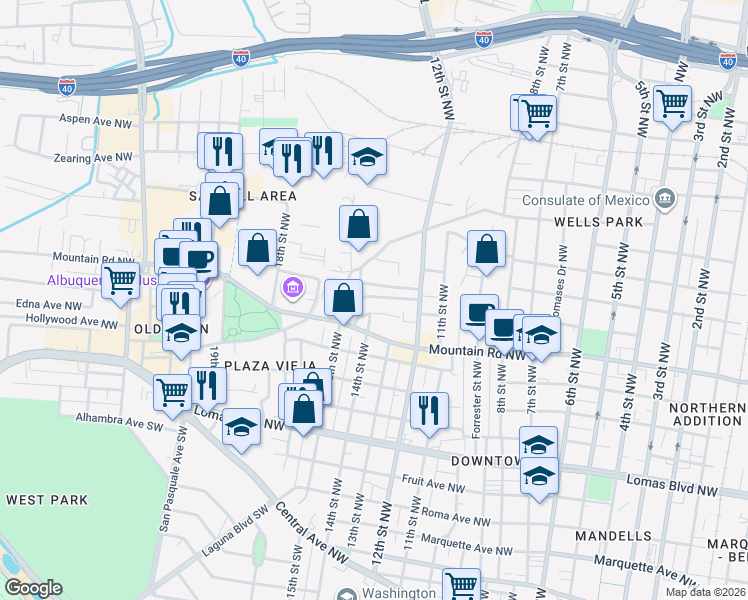 map of restaurants, bars, coffee shops, grocery stores, and more near 1311 Claire Court Northwest in Albuquerque