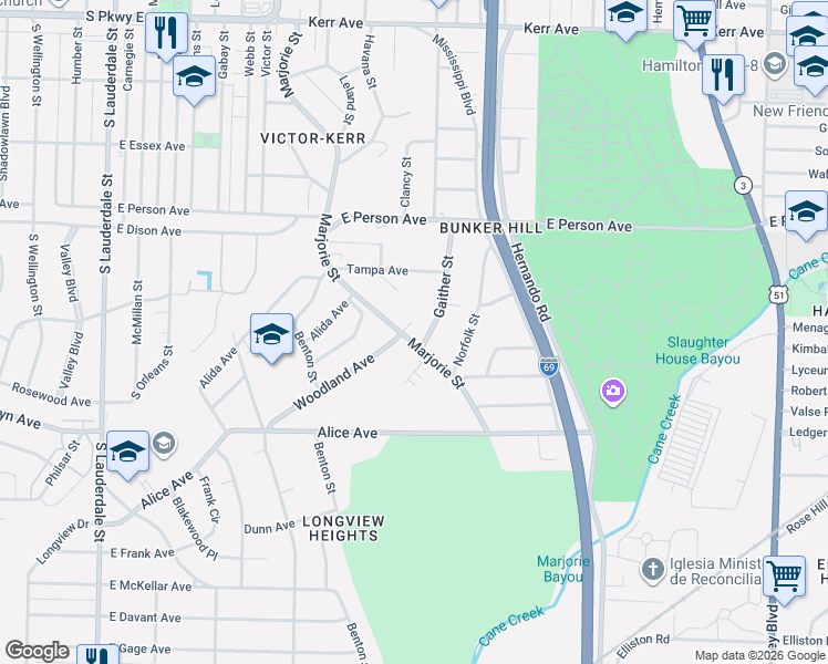 map of restaurants, bars, coffee shops, grocery stores, and more near 1828 Marjorie Street in Memphis
