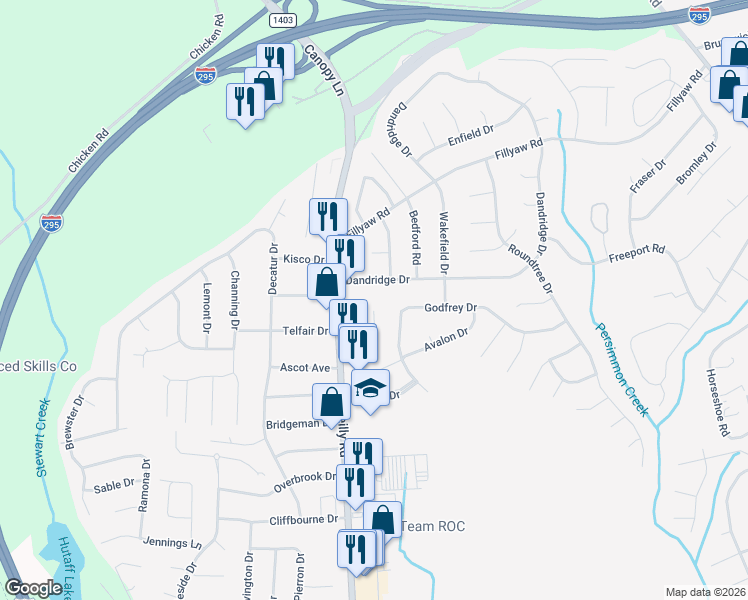 map of restaurants, bars, coffee shops, grocery stores, and more near 278 Squire Lane in Fayetteville