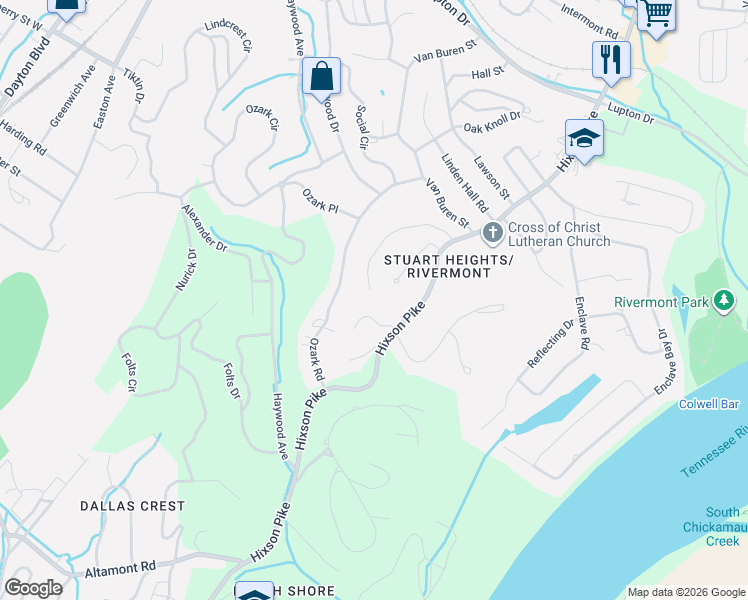 map of restaurants, bars, coffee shops, grocery stores, and more near 2919 Braly Place in Chattanooga