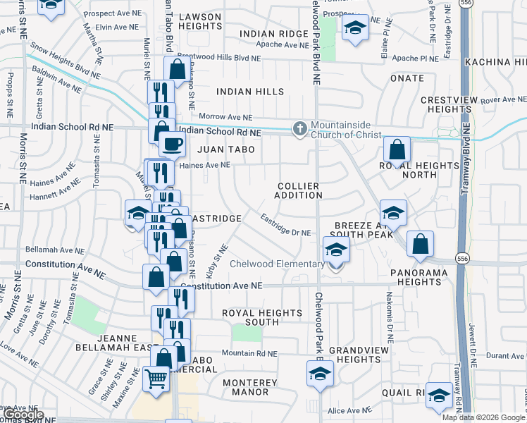 map of restaurants, bars, coffee shops, grocery stores, and more near 1501 Figueroa Drive Northeast in Albuquerque