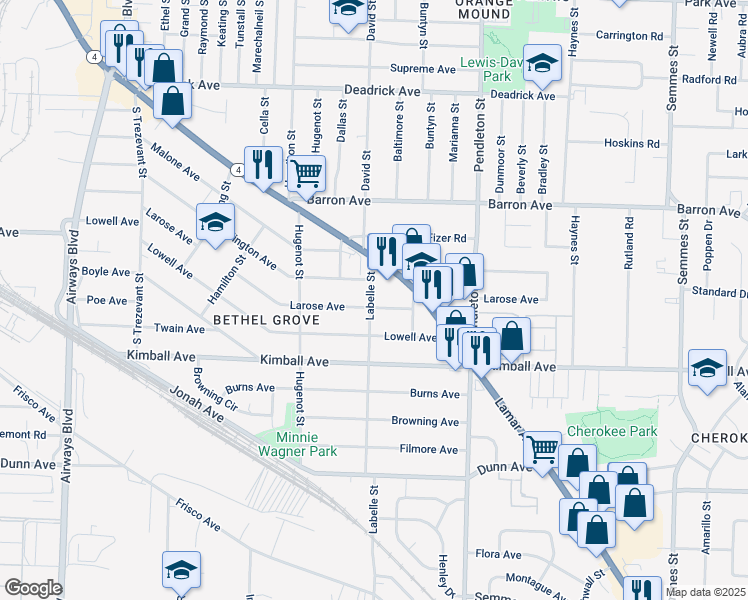 map of restaurants, bars, coffee shops, grocery stores, and more near 2653 Larose Avenue in Memphis
